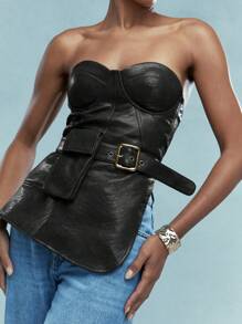 MISSGUIDED 不对称下摆仿皮抹胸上衣，配腰带和钱包 - 黑色 - 查看 3
