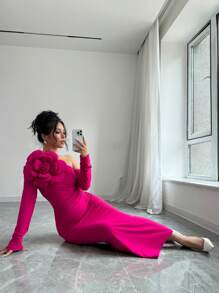 Rafferiza 女式不对称领子拼布褶皱腰收腰修身长袖优雅连衣裙长款女装 - 玫紅色 - 查看 5