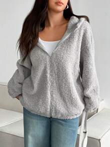 Flirla Plus Size Solid Color Long Sleeve Minimalist Hooded Jacket, Casual Everyday Wear - Grey - View 4