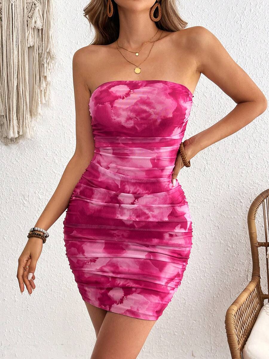 SHEIN VCAY 女式度假抽象扎染花卉印花针织网眼抹胸迷你连衣裙 - 彩色 - 查看 1