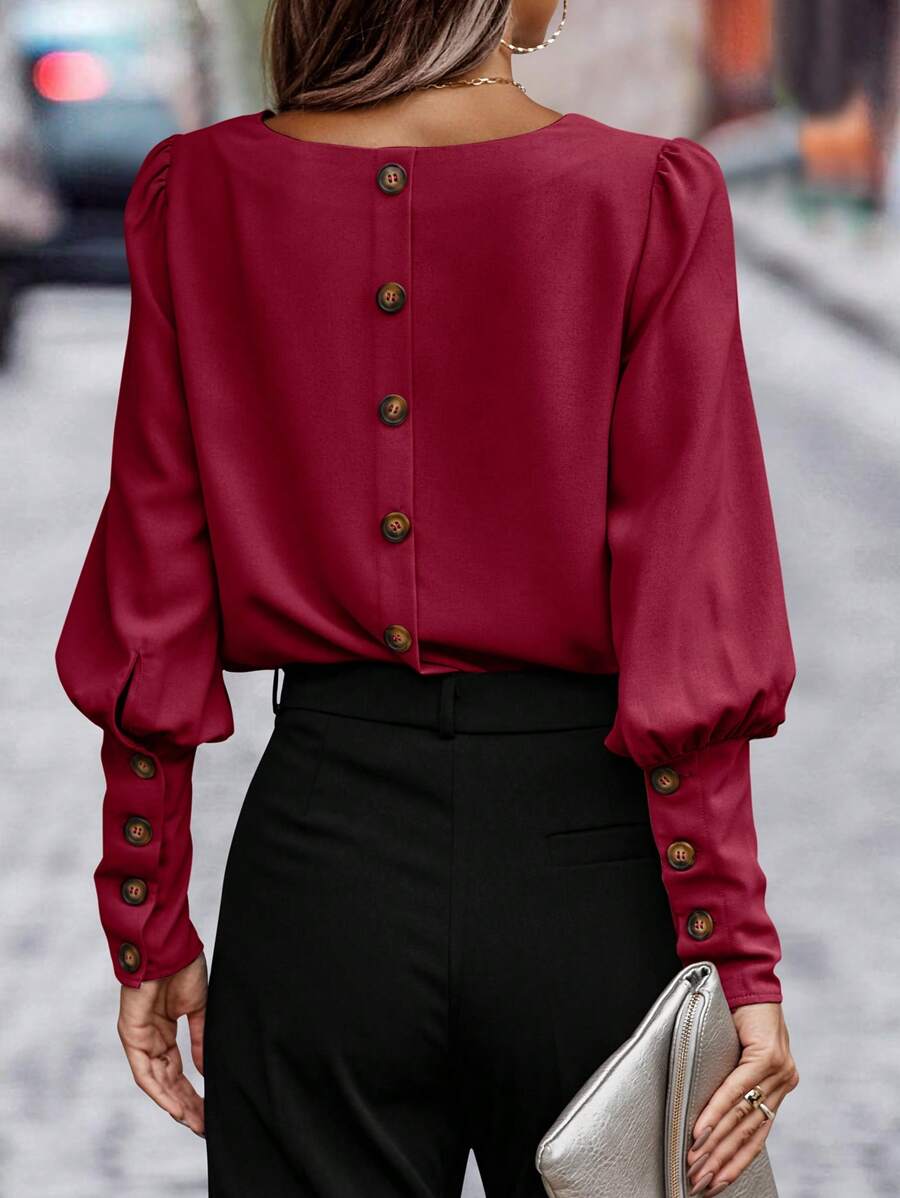 EMERY ROSE Women's Solid Color Elegant Fall Blouse With Gigot Sleeve And Single Back Button, Spring Summer,Long Sleeve Tops - Burgundy - View 1
