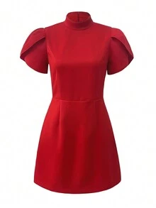 Women's Petal Sleeve Slim Fit Mini Shift Dress With Stand Collar