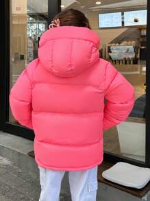EURMUSE DAZY Solid Zip Up Big Hooded Puffer Thick Winter Coat - Pink - View 3