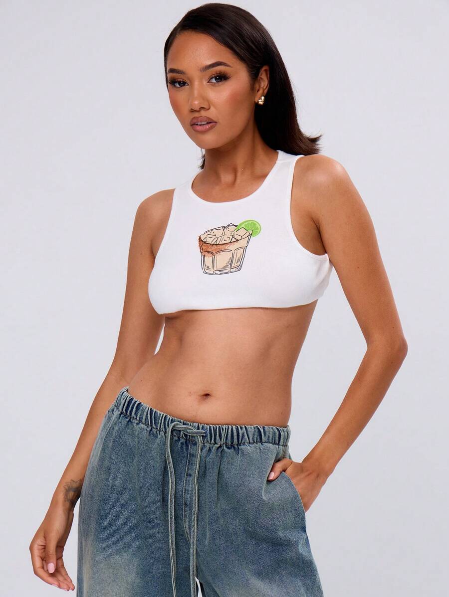 MUSERA Racer Style Cocktail Graphic Crop Tank Top Casual Summer Vacation Spring Festival Holiday - White - View 1