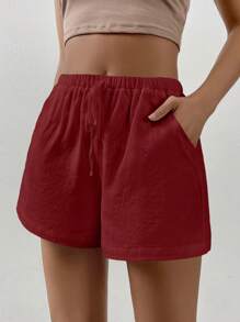 Muchica 女士纯色抽绳腰宽松休闲短裤 - 紅色 - 查看 3