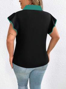 SHEIN Clasi Blusa negra holgada y elegante de manga corta con cuello de contraste para mujer de talla grande