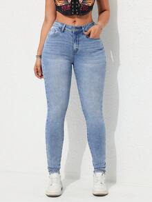 SHEIN Tall 休闲破洞紧身牛仔裤 - 淺色水洗藍 - 查看 5