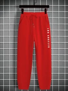 Manfinity Roughcore 男式字母图案抽绳腰运动裤，男式红色慢跑裤，男式红色运动裤，男式慢跑裤，男式运动裤 - 紅色 - 查看 2