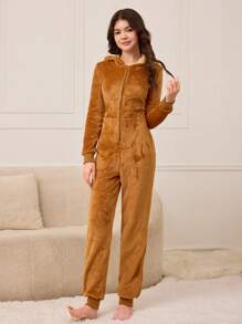 Pijama con capucha de manga larga en color marrón moca, ropa deportiva linda para mujer - Marrón Mocha - Ver 3