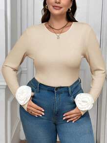 SHEIN Essnce 大码女式 3D 花卉图案修身杏色 T 恤，休闲优雅 - 杏色 - 查看 11