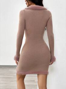 Chiquease Plain Zipper Fluffy Patchwork Ribbed Knit Long Sleeve Sweater Dress Fall Cloth For Women - Khaki - View 2