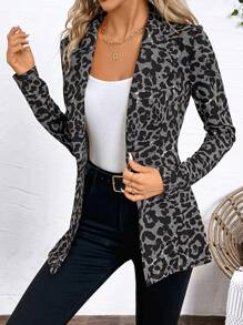 SHEIN Clasi Áo khoác blazer tay dài họa tiết da báo cài một hàng khuy dành cho nữ vào mùa thu/đông - Xám - Xem 5