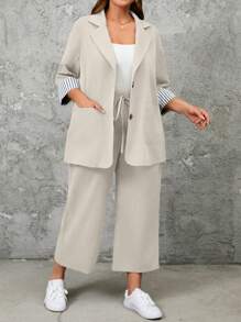 SHEIN LUNE 大码女式春秋季条纹翻领西装外套和裤子休闲宽松两件套 - 杏色 - 查看 6
