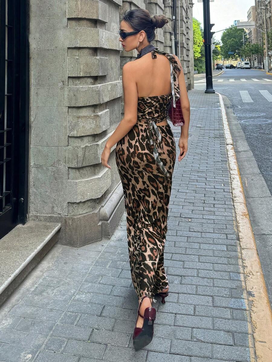 SHEIN Frenchy 2 件女式 Y2k 豹纹吊带短款上衣和长裙套装 - 彩色 - 查看 1
