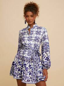 Travachic Blue & White Flower Printed With Long Sleeves Women's  Dress,Fall Women Dresses,Fall Women Clothes,Long Sleeve, - Blue and White - View 1