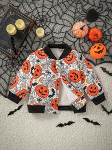 SHEIN Infant/Toddler Halloween Pumpkin Print Zip-Up Long Sleeve Jacket For Baby Boys/Girls, Autumn/Winter - Multicolor - View 1