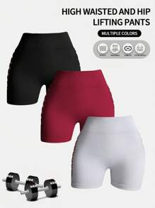 SHEIN Velisys 3pcs Seamless Solid Color Hollow Design Sports ShortsWomen Sweat Short, Gym Short, Biker Short