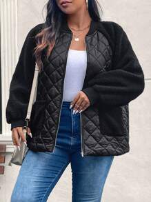 SHEIN LUNE Plus Size Baseball Jacket Style Raglan Sleeve Quilted Shearling Patchwork With Pockets, Padded Coat Winter Clothes