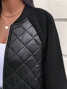 SHEIN LUNE Plus Size Baseball Jacket Style Raglan Sleeve Quilted Shearling Patchwork With Pockets, Padded Coat Winter Clothes
