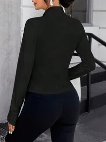 SHEIN EZwear 秋冬女士纯色前拉链长袖休闲简约夹克