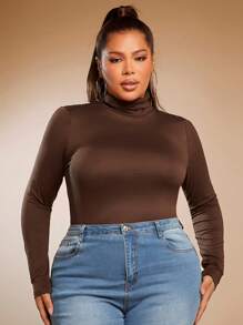 SHEIN SXY Plus Size Solid Color Slim Fit High-Necked Long Sleeve All-Match T-Shirt Basic Tees Fall - Brown - View 9