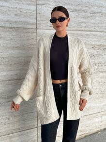 SHEIN Women Solid Color Textured Knit Open Front Pocket Detailed Long Cardigan