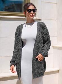 EURMUSE Woman  Cozy Soft Midi Length Cardigan With Pockets Front - Grey - View 3