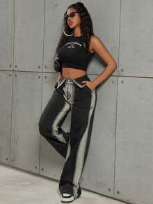 Y2K Retro High Waist Flared Pockets Straight Leg Contrast Color Jeans Spring Casual Black - Black - View 3