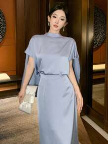 DAZY 2 件套女士纯色 Polo 领上衣和 A 字裙，秋季服装 - 藍色 - 查看 7