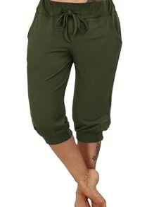 Pantalón capri informal de talla grande de unicolor, para uso diario en primavera y verano - Verde militar - Ver 1