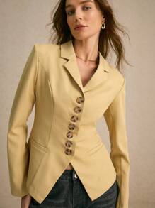 Poéselle 鹅黄色驳领单排扣长袖优雅西装外套，秋季，秋季女装，立体剪裁，收腰设计，舒适面料，时尚色彩，老钱风格，Siren Office，适合日常街头通勤穿着，FW24秋冬系列 - 芥末黃 - 查看 4