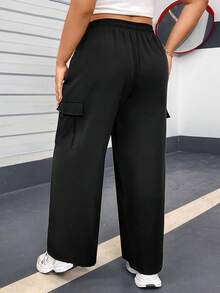 Flirla Plus Size Back-To-School Black Cargo Pants, Straight Leg, Elastic Waist With Drawstring - Black - View 2
