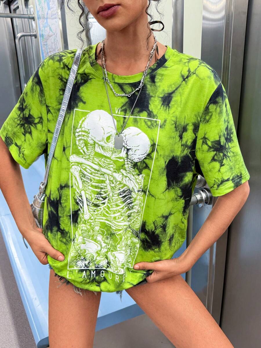 Deniart 艺术家男女通用扎染宽松圆领 T 恤、图案 T 恤、万圣节、Y2K、街头服饰、深色、节日、度假、节日、伊比沙岛风格 - 彩色 - 查看 1