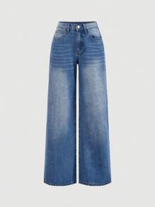 SHEIN PETITE Jeans de Halloween para mujer pequeña, jeans Y2k, jeans para mujer con cintura baja suelta y pierna ancha sexy para mujeres altas, atuendos de otoño, pantalones anchos para mujer, jeans de vuelta al colegio, ropa escolar para mujer, jeans de pierna recta, jeans rectos, pantalones anchos para mujer, azul - Lavado ligero - Ver 7