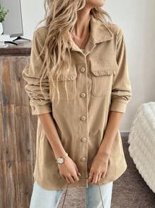 SHEIN LUNE 女式翻领纽扣羽绒服，带口袋，灯芯绒面料，优雅休闲百搭保暖冬季外套秋季服装女士假日服装商务休闲女式西方女士服装机场服装