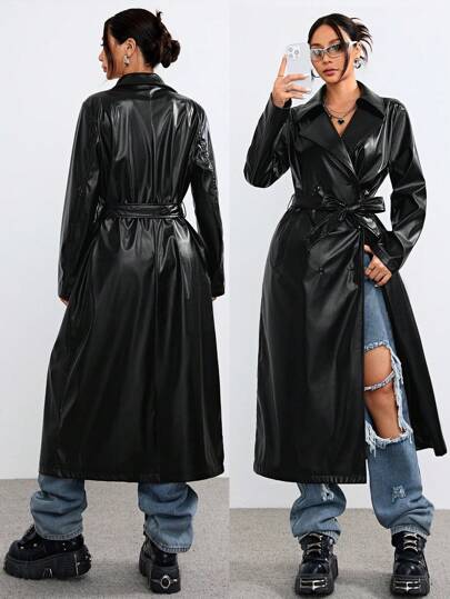 Muchica 女士冬季街头服饰音乐节皮革系带宽松长款外套