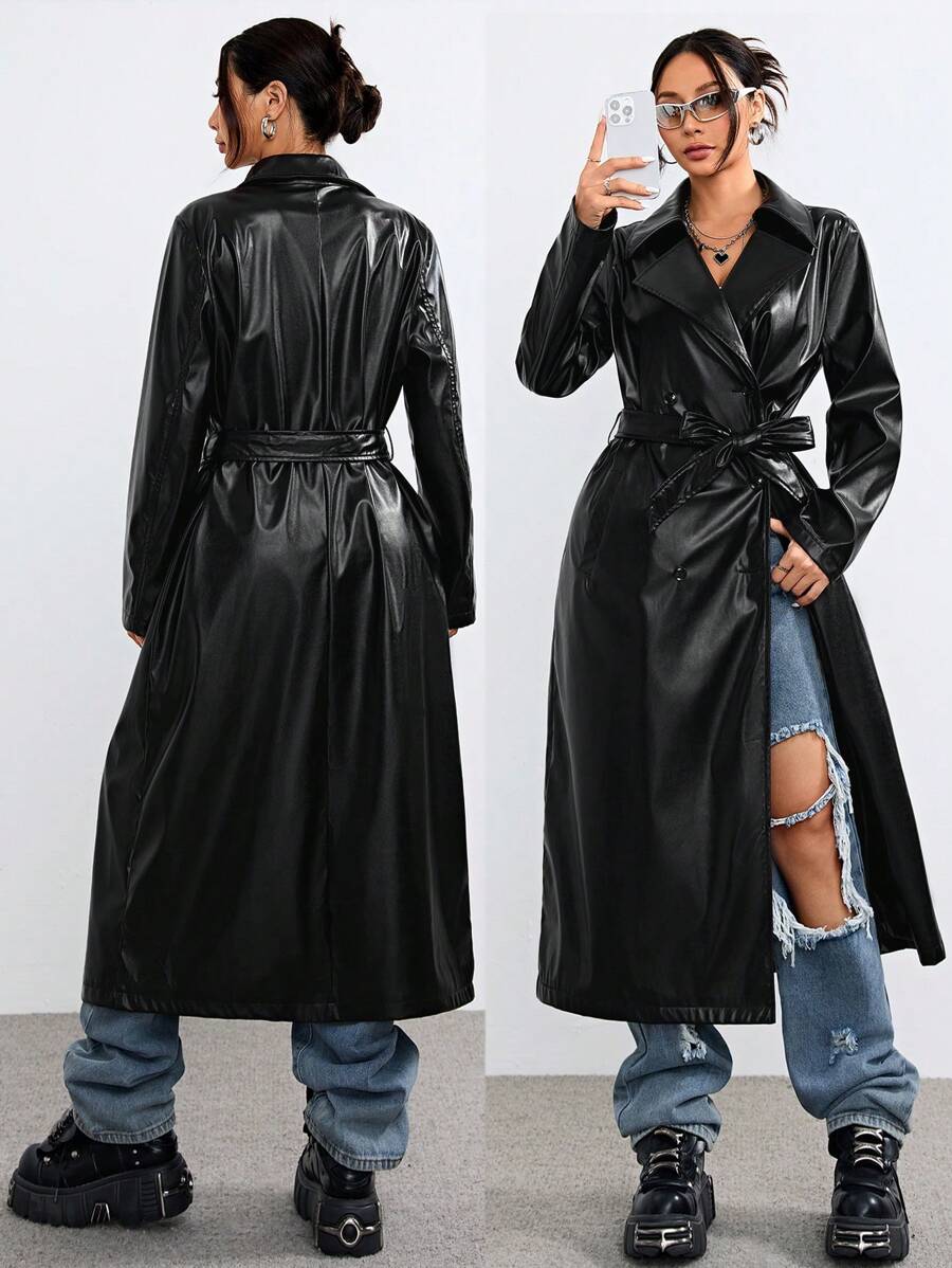 Muchica 女士冬季街头服饰音乐节皮革系带宽松长款外套 - 黑色 - 查看 1