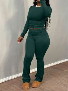 Women's Solid Color Round Neck Long Sleeve T-Shirt And Pants Casual Matching Set, Spring/Summer - Màu xanh lá cây đậm - Xem 3