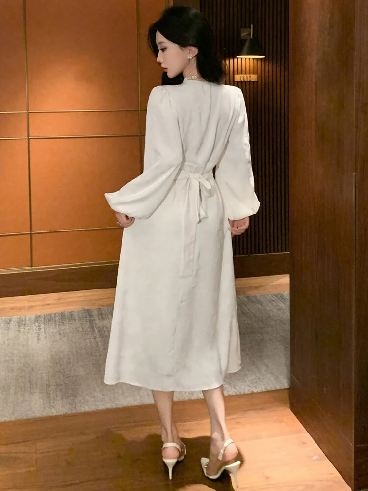 Women's Jacquard V-Neck Puff Sleeve Tie Waist Dress, Birthday Prom Dress,Fall Clothes Long Sleeve Dress Elegant Women Dresses Maxi Dress