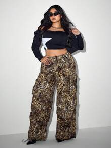 SHEIN ICON ICON Plus Size Women's Low Rise Leopard Print Cargo Trousers