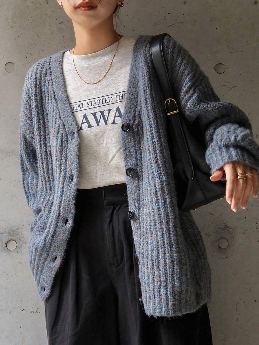 FRIFUL Veste cardigan ample et décontractée pour femmes, automne/hiver - Bleu azur - Voir 1