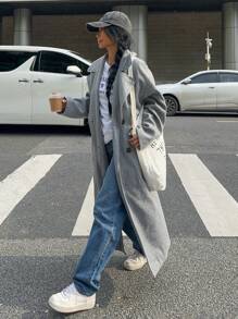 SHEIN EZwear 女士纯色长袖休闲双排扣翻领羊毛大衣，秋冬 - 灰色 - 查看 4