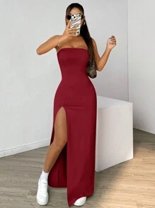 SHEIN EZwear Sukienka damska w jednolitym kolorze z wysokim rozcięciem i bez ramiączek - Burgund - Zobacz 7