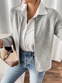 EMERY ROSE Women's Solid Color Raglan Sleeve Long Sleeve Casual Cardigan, Autumn/Winter Fall Cloth For Women - Grey - View 6