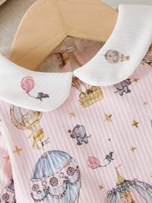 SHEIN Bộ đồ liền thân in hình bóng bay nhiệt đới vui nhộn cho bé gái sơ sinh - Hồng - Xem 3