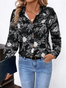 SHEIN Clasi Women's Front Button Long Sleeve Allover Print Casual Shirt - Black - View 6