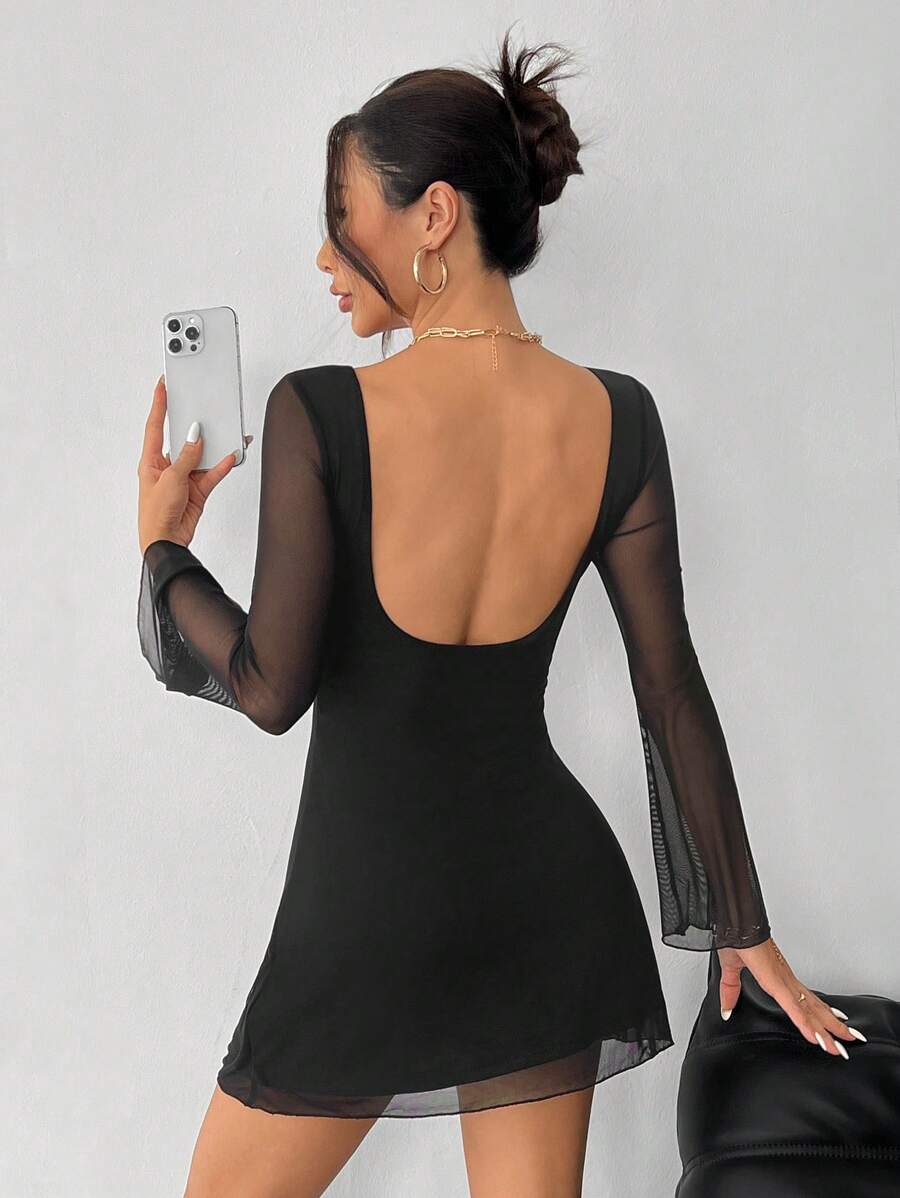 SHEIN PETITE 女士黑色新款性感露背长款喇叭袖网纱连衣裙初秋款