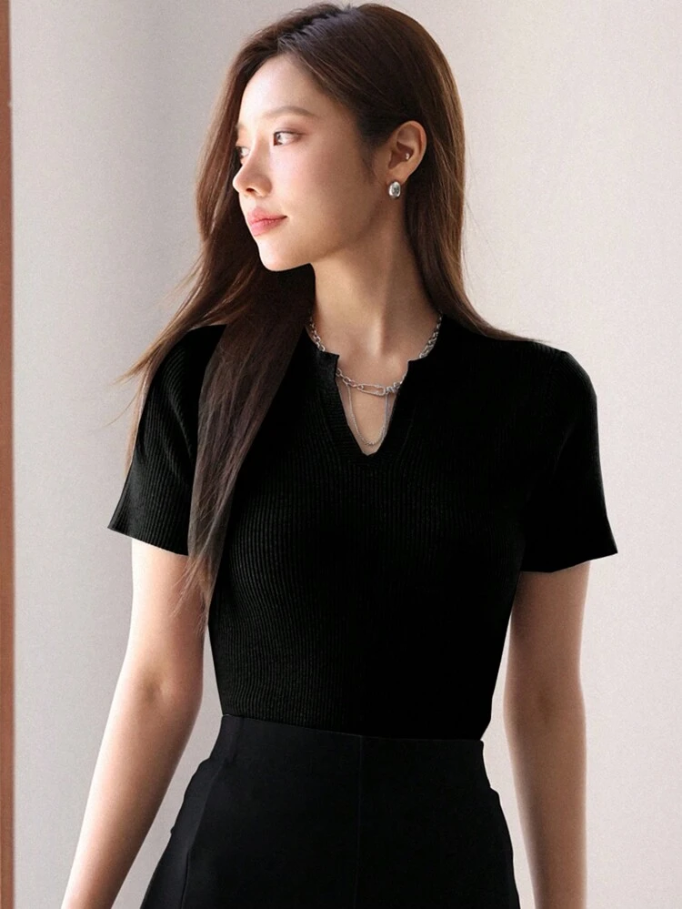 1pc Women's Solid Color V-Neck Fitted Knit Top, Business Casual Wear, Spring/Summer/Autumn,Back To School Clothes