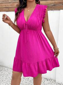 Rometta Kích thước lớn Của phụ nữ Cổ chữ V Ngắn Tay áo hình bướm Đầm - Màu Hồng Tươi - Xem 4