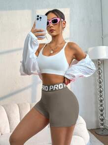 Quần short thể thao chạy bộ yoga mùa hè in chữ dành cho nữ, quần short tập gym, quần short đi xe đạp - Màu Khaki - Xem 4